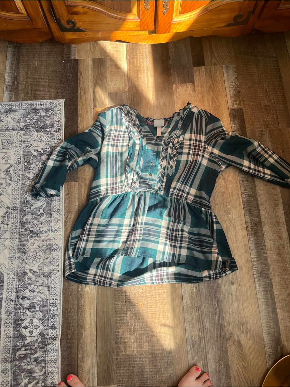 Knox Rose Teal and Cream Plaid Peplum Top